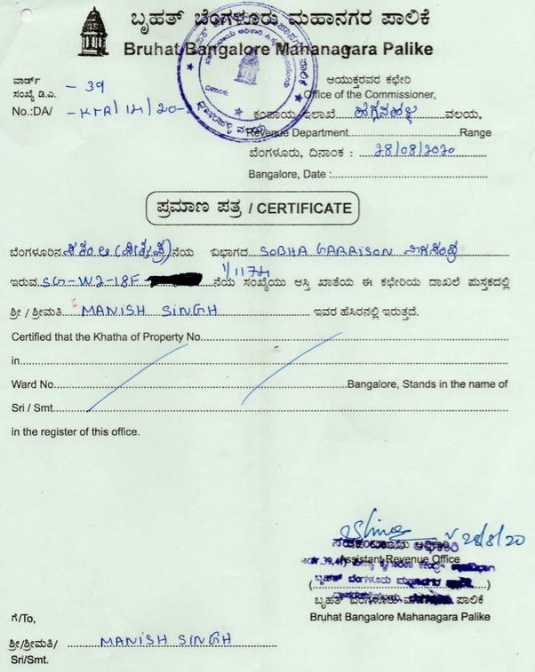 How do I change the name in the Bangalore (BBMP) property tax records/receipts?