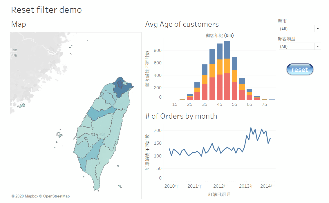 如何在Tableau製作filter reset button. Tableau filter reset button step by