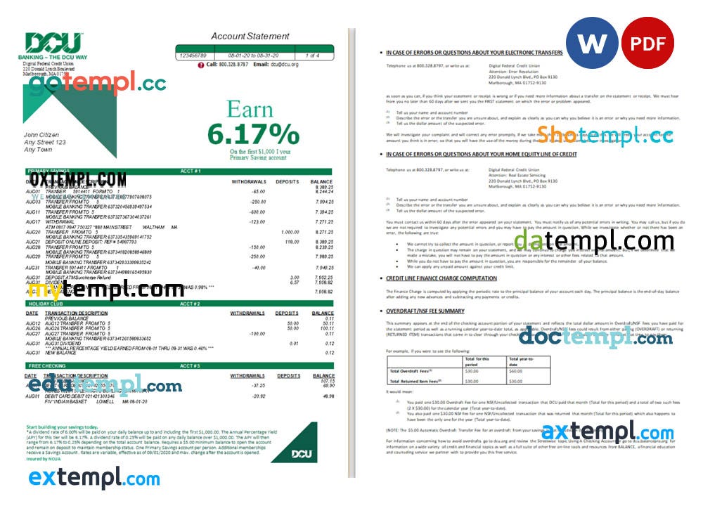 USA DCU bank statement Word and PDF template, 5 pages by Doctempl