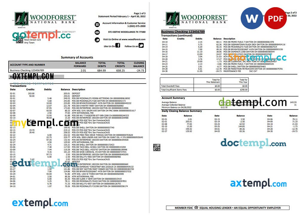 USA Woodforest bank statement Word and PDF template, 3 pages by