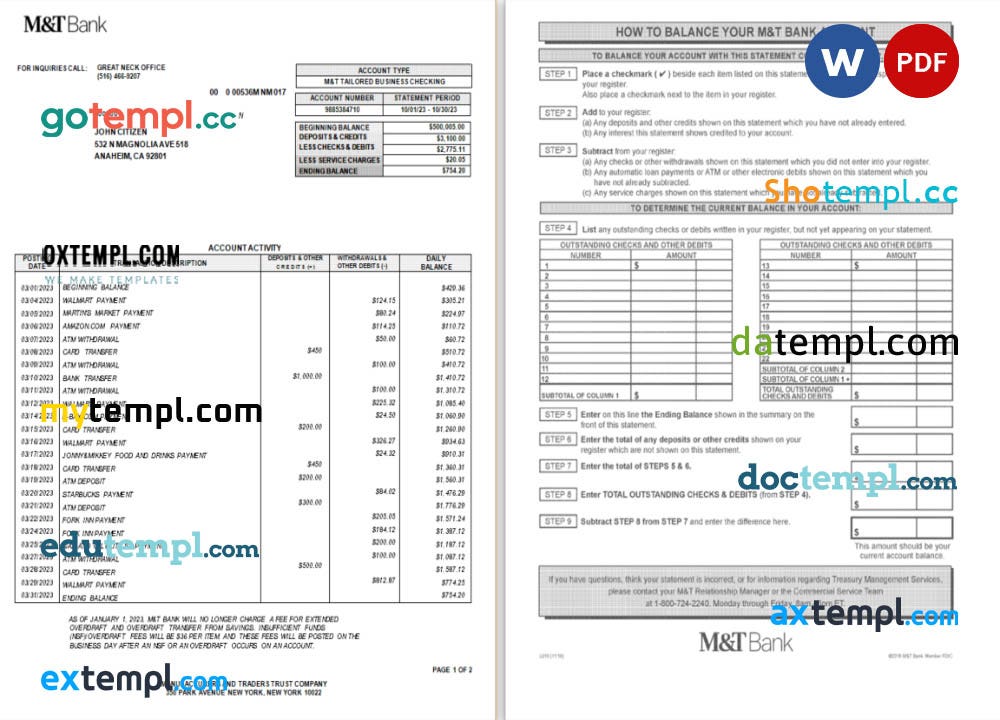USA New York M&T Bank statement Word and PDF template, 2 pages by