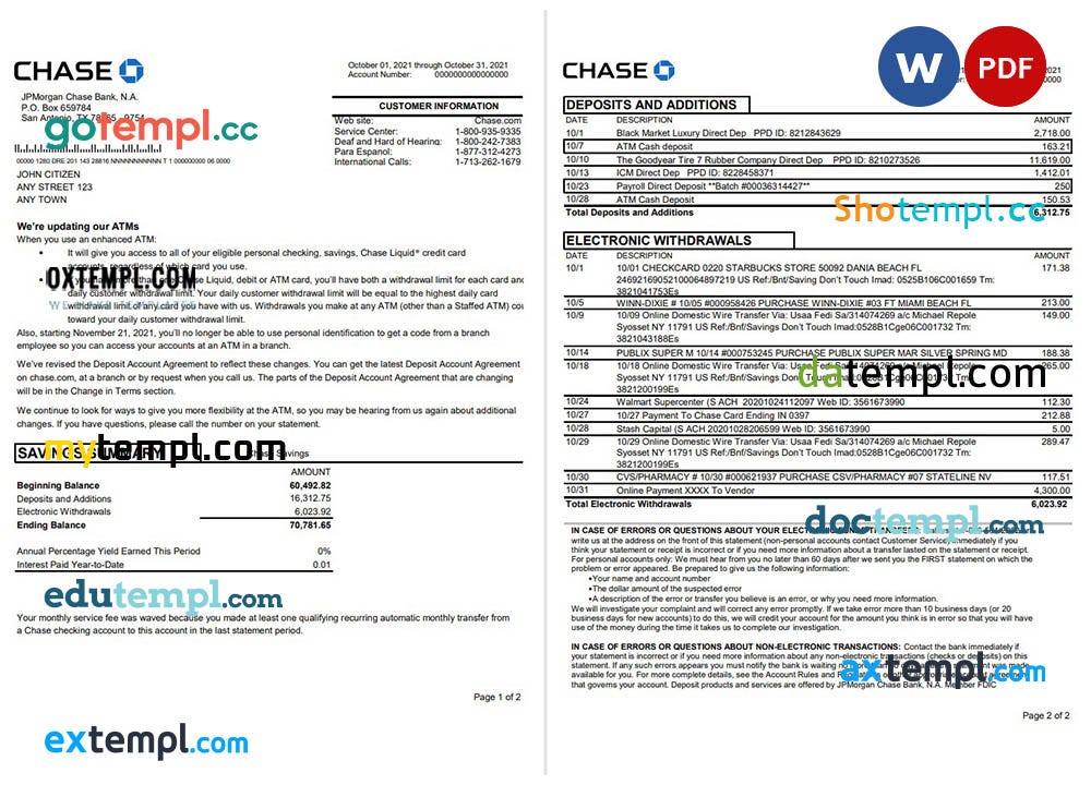 USA JP Chase bank statement template in .doc and .pdf file