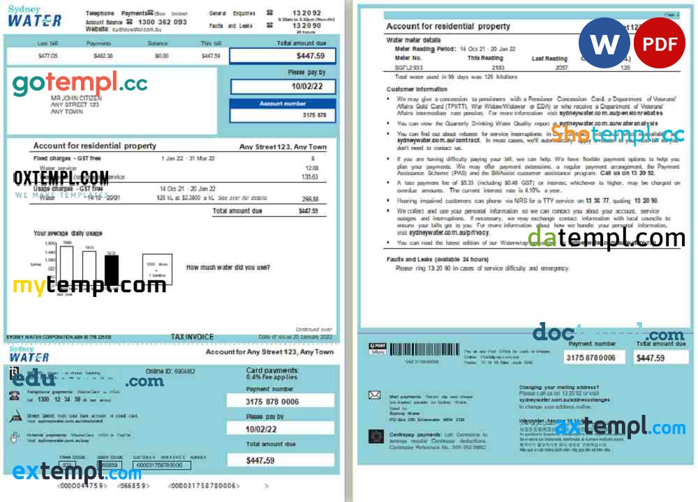 Australia Sydney Water utility bill, Word and PDF template, 2 pages