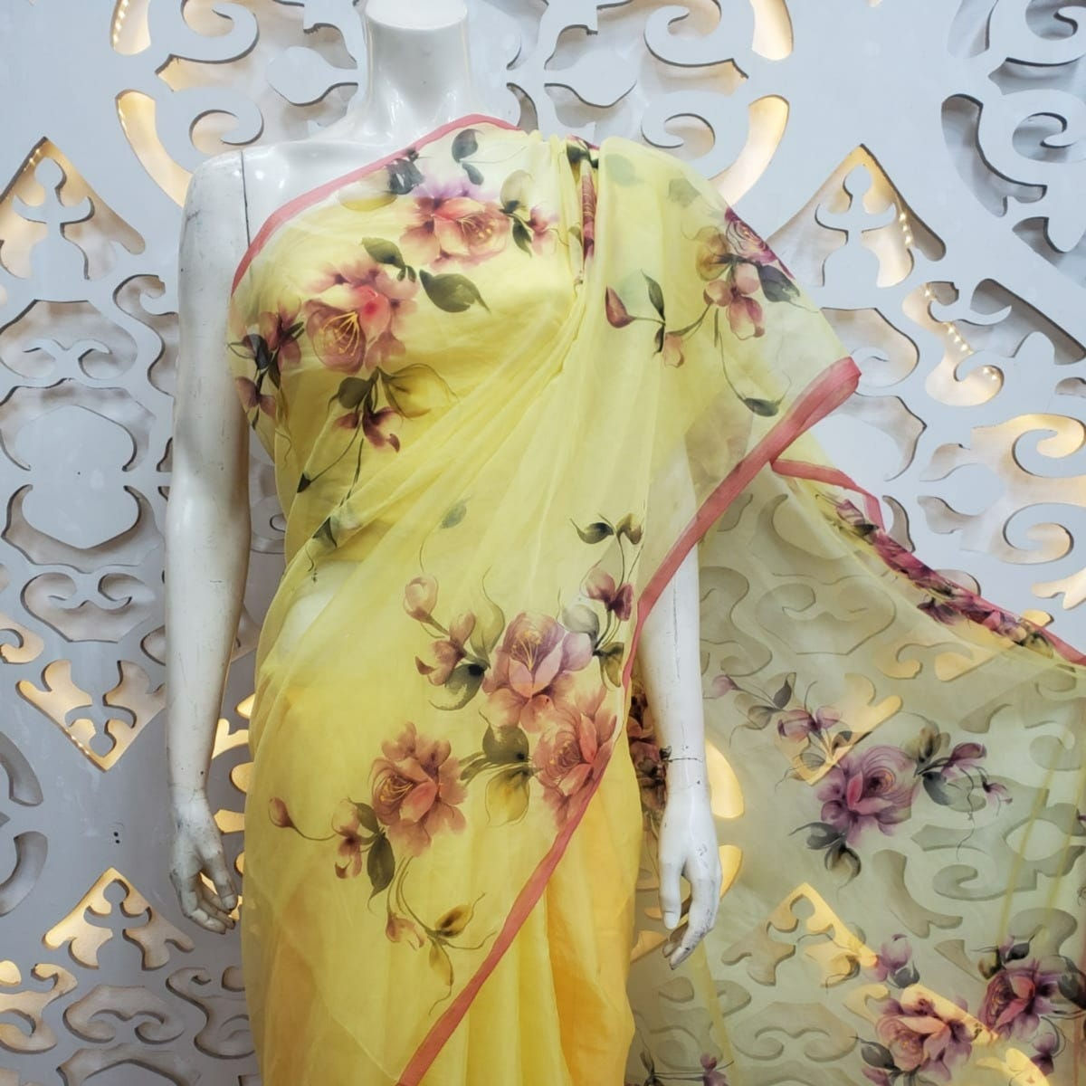 HANDPAINTED ORGANZA SAREE. A handpainted organza saree is a… by