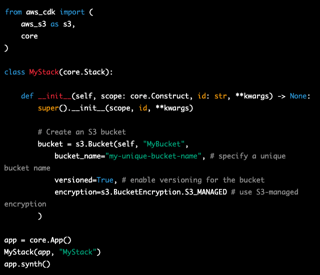 Example of provisioning S3 bucket using AWS CDK in python by ValleySoft Enterprise Medium