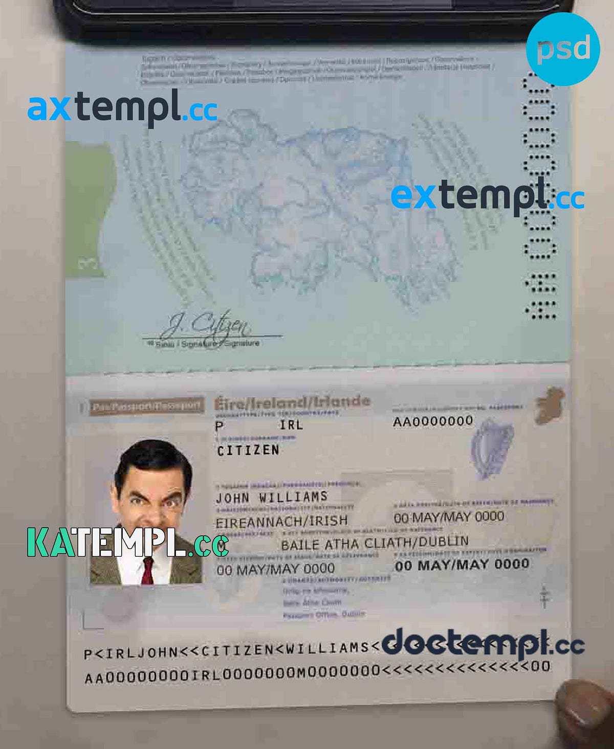 sample Ireland passport template in PSD format, + editable PSD photo