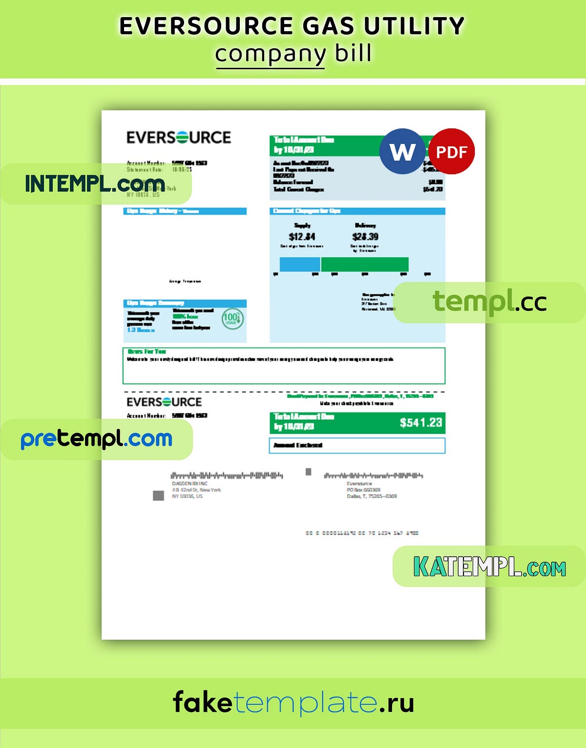Eversource gas business utility bill, Word and PDF template by