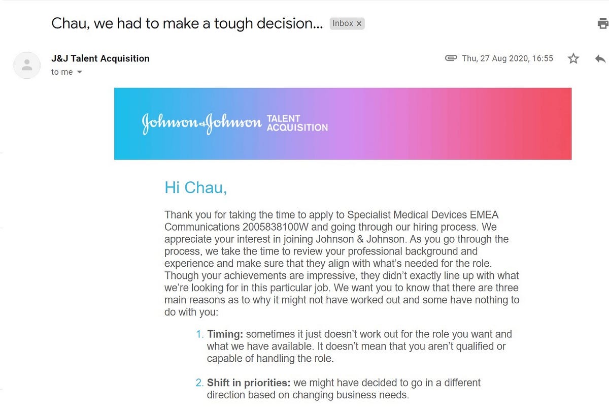 Johnson & Johnson’s Rejection Email Set The Bar for Other Companies