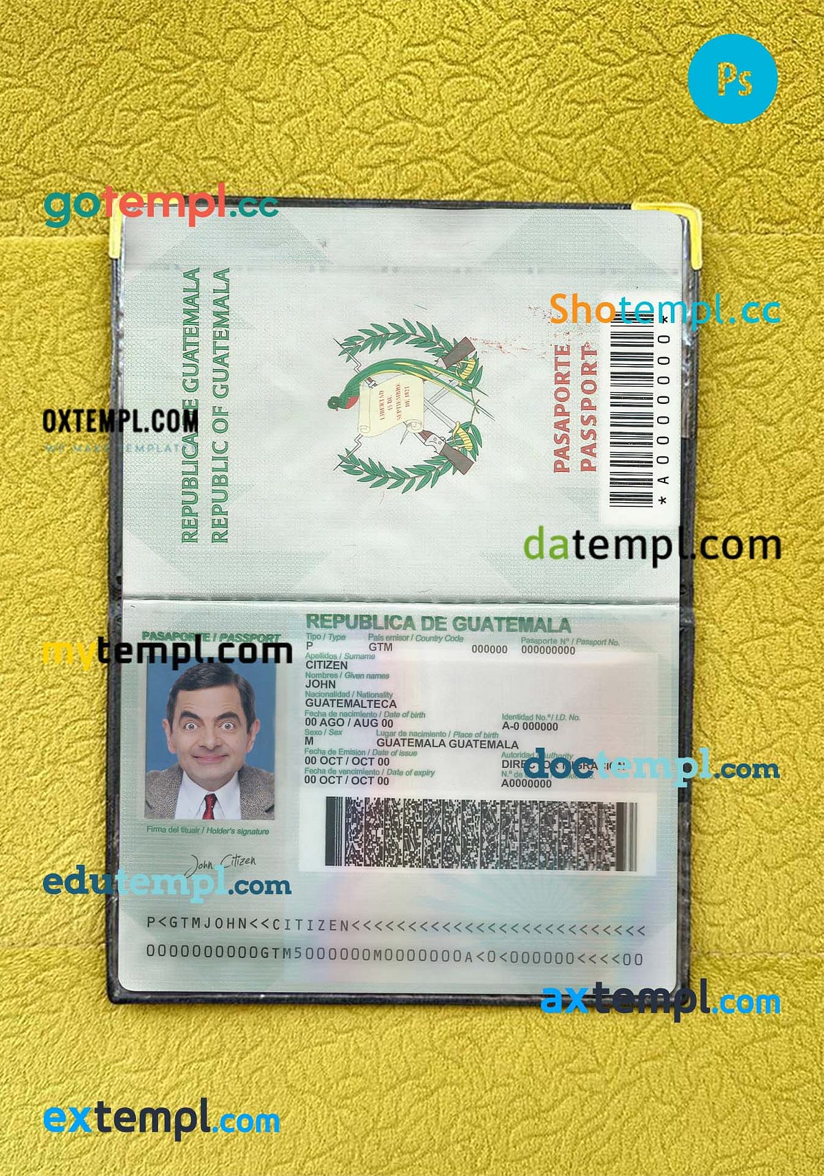 sample Guatemala passport psd files, editable scan and snapshot sample