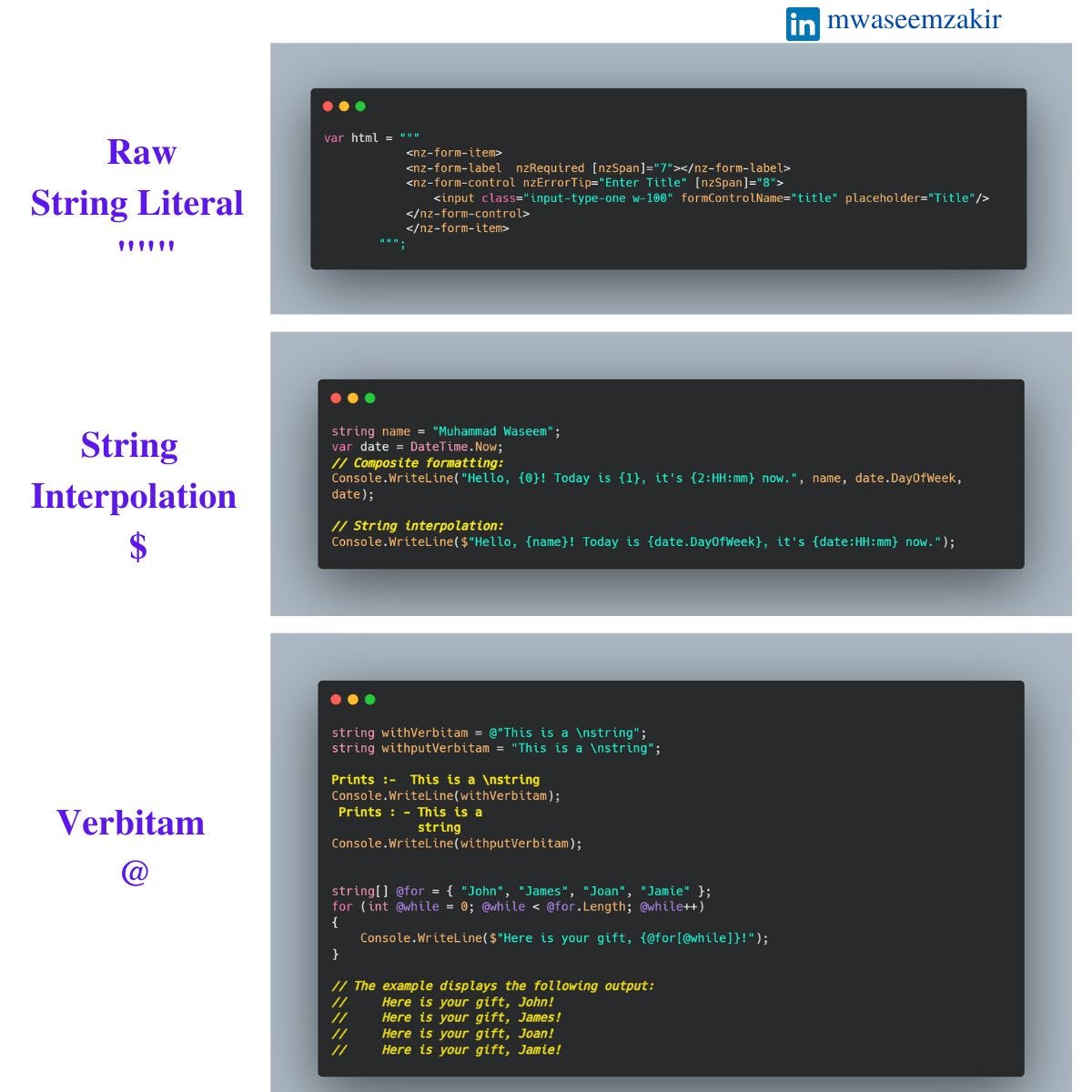 String Interpolation , Verbitam Identifier and Raw String Literal in C