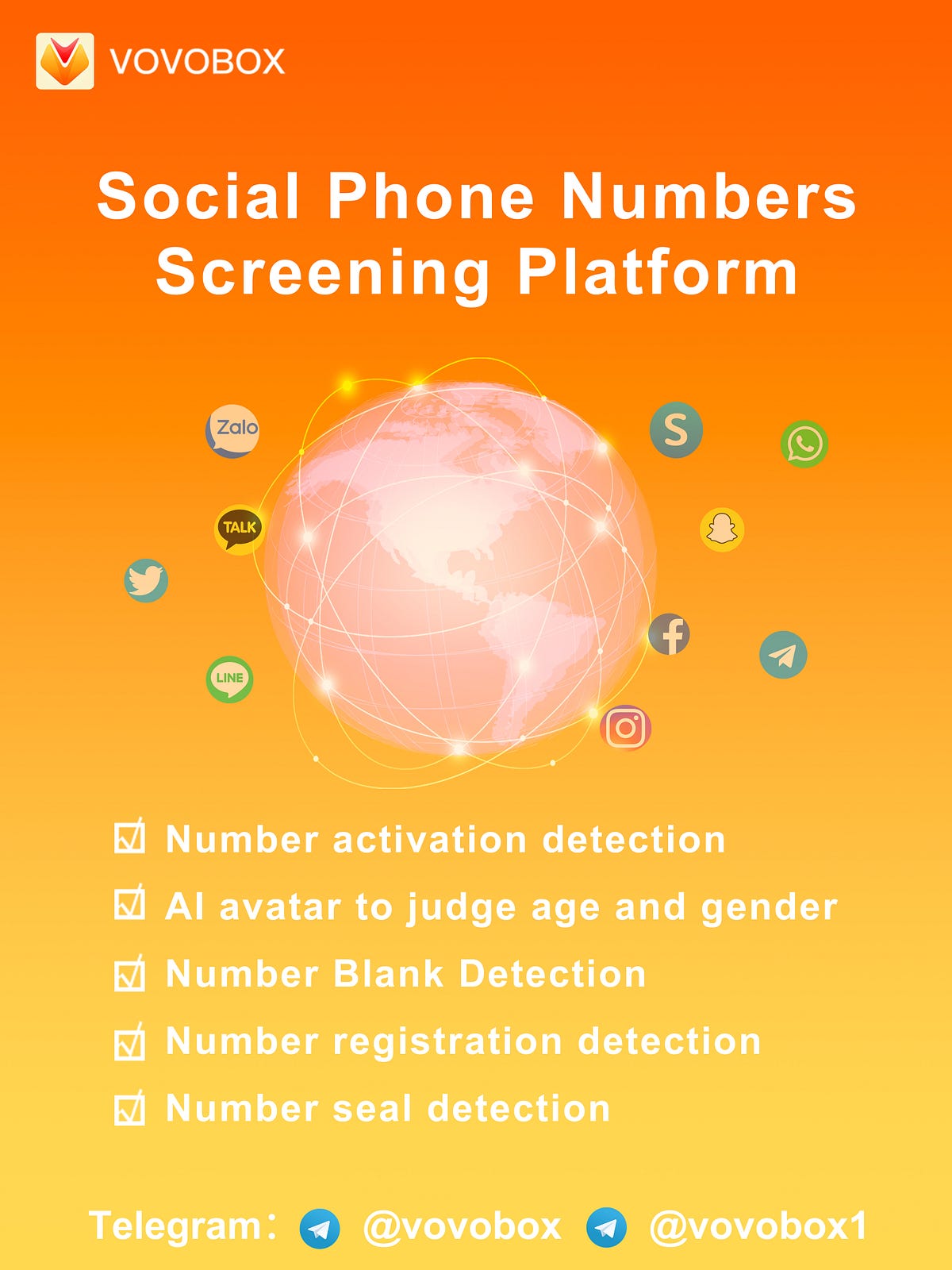 VOVOBOX Screen out active Telegram accounts by phone number. Contact