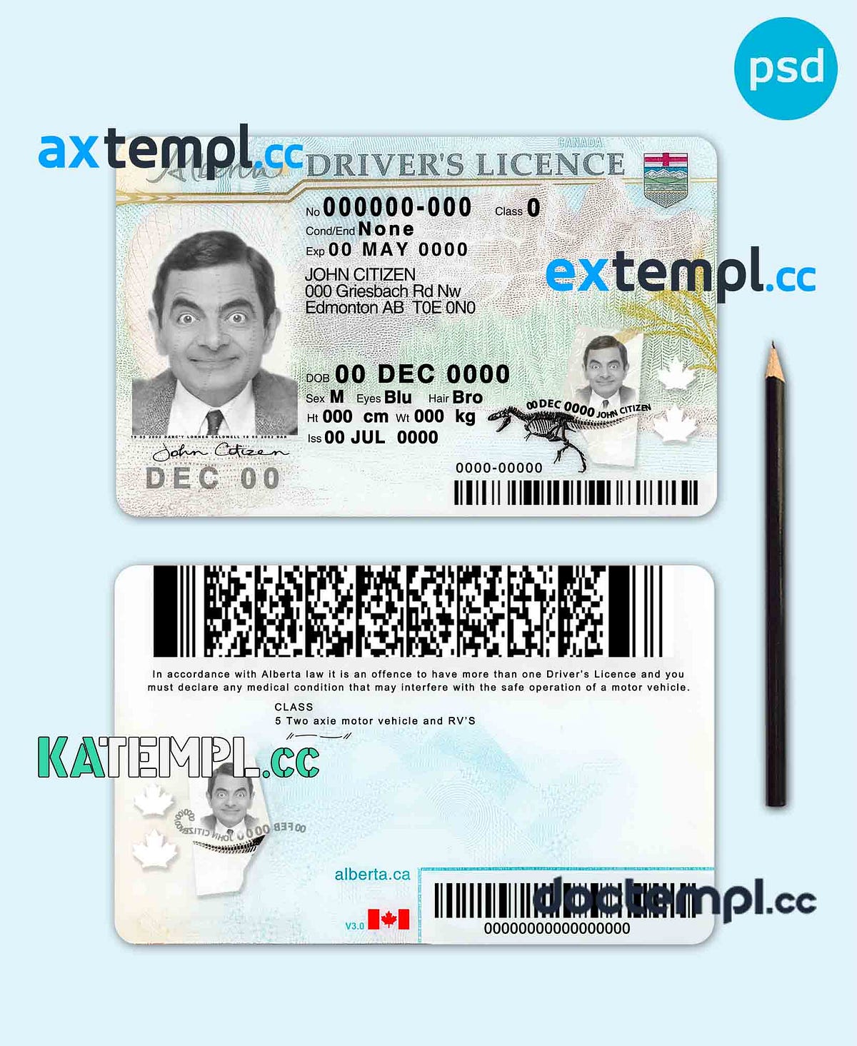 sample Canada Alberta driving license template in PSD format download