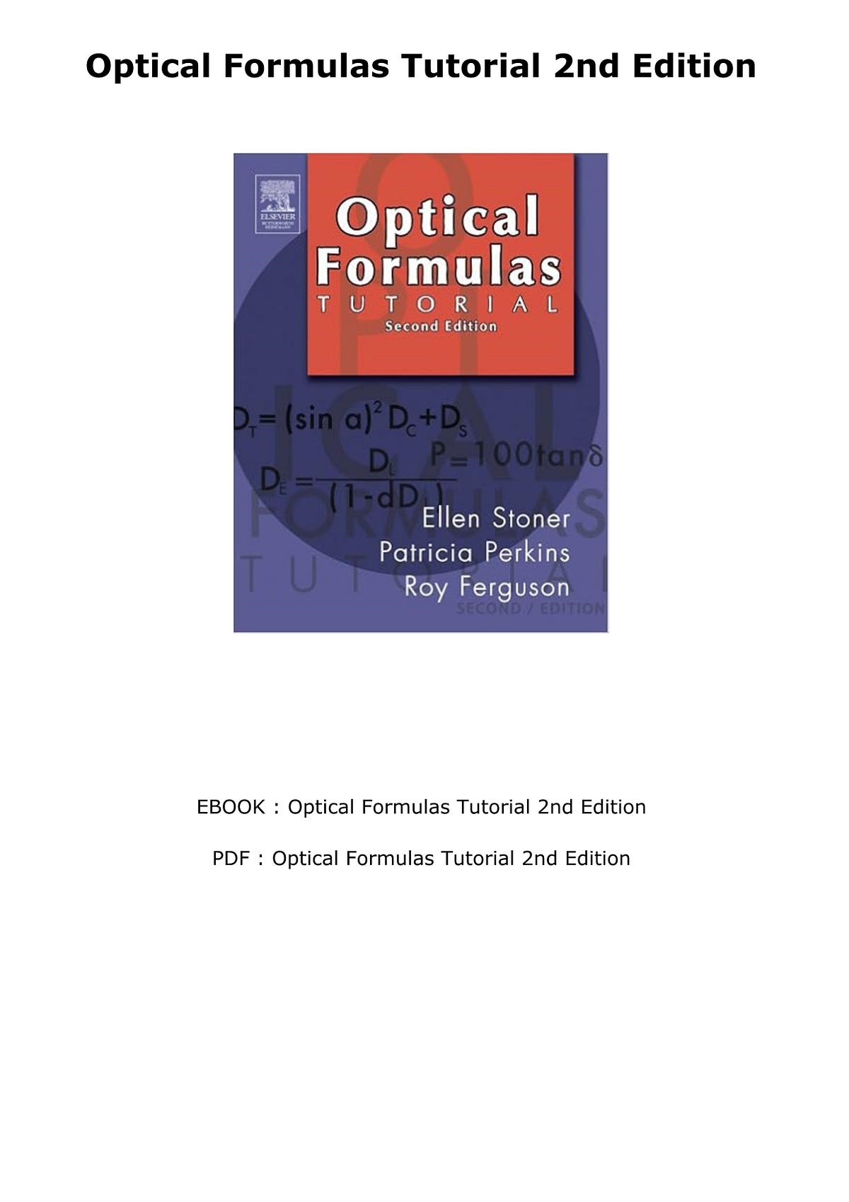 bookDOWNLOAD EBOOK Optical Formulas Tutorial 2nd Edition 9441089