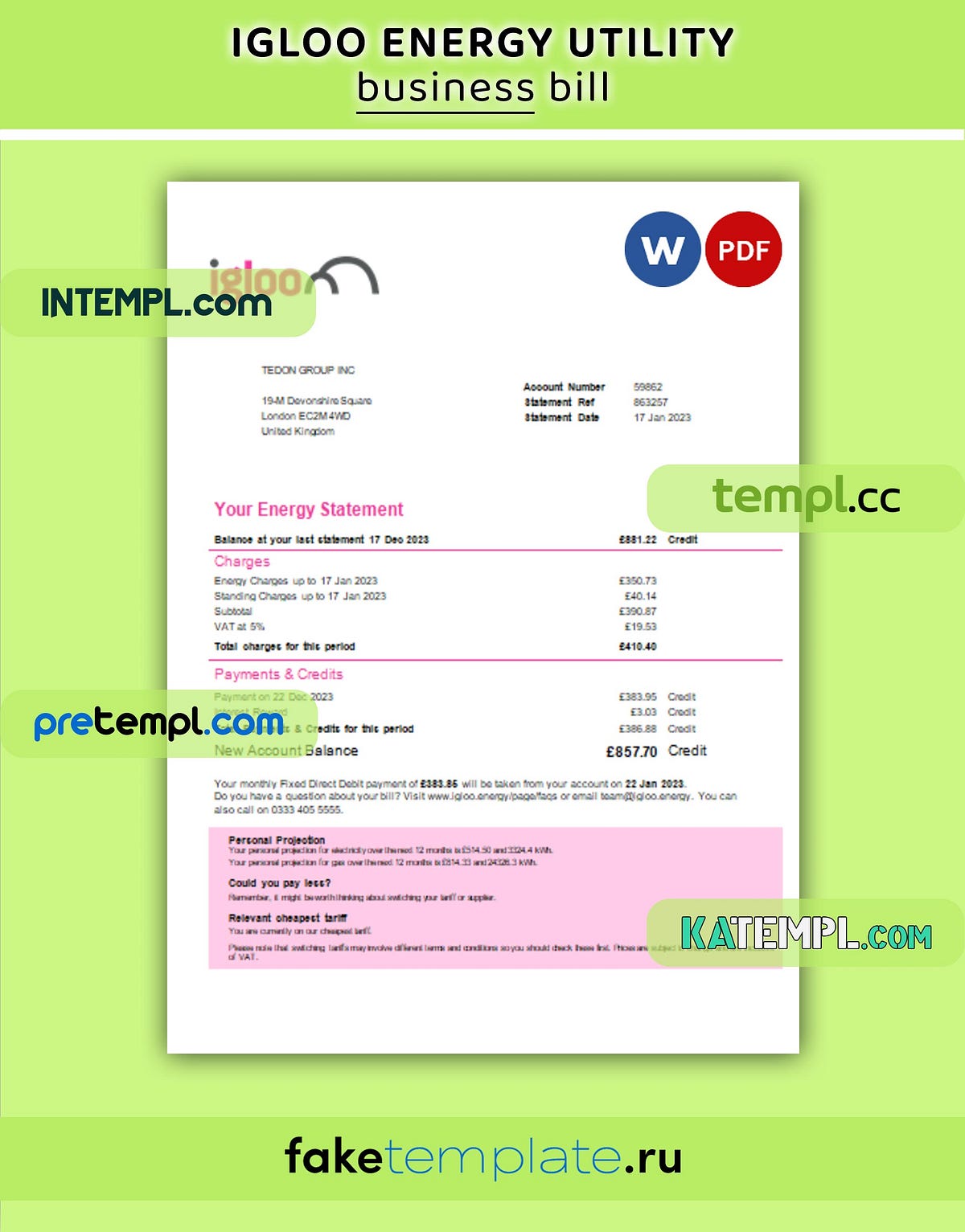 Igloo Energy business utility bill, PDF and Word template by