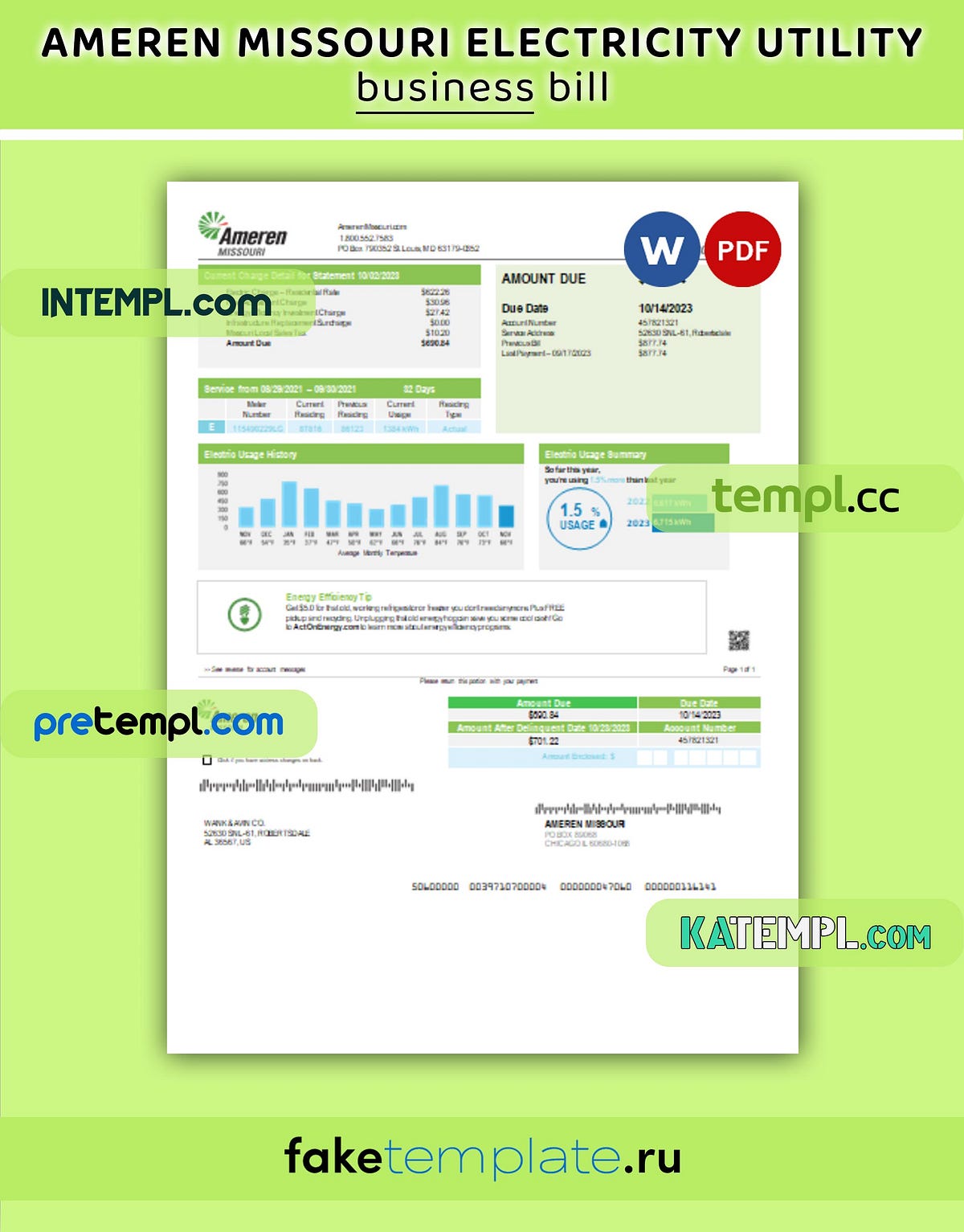 Ameren Missouri electricity utility bill, Word and PDF template by Intemplbusinessbill Nov