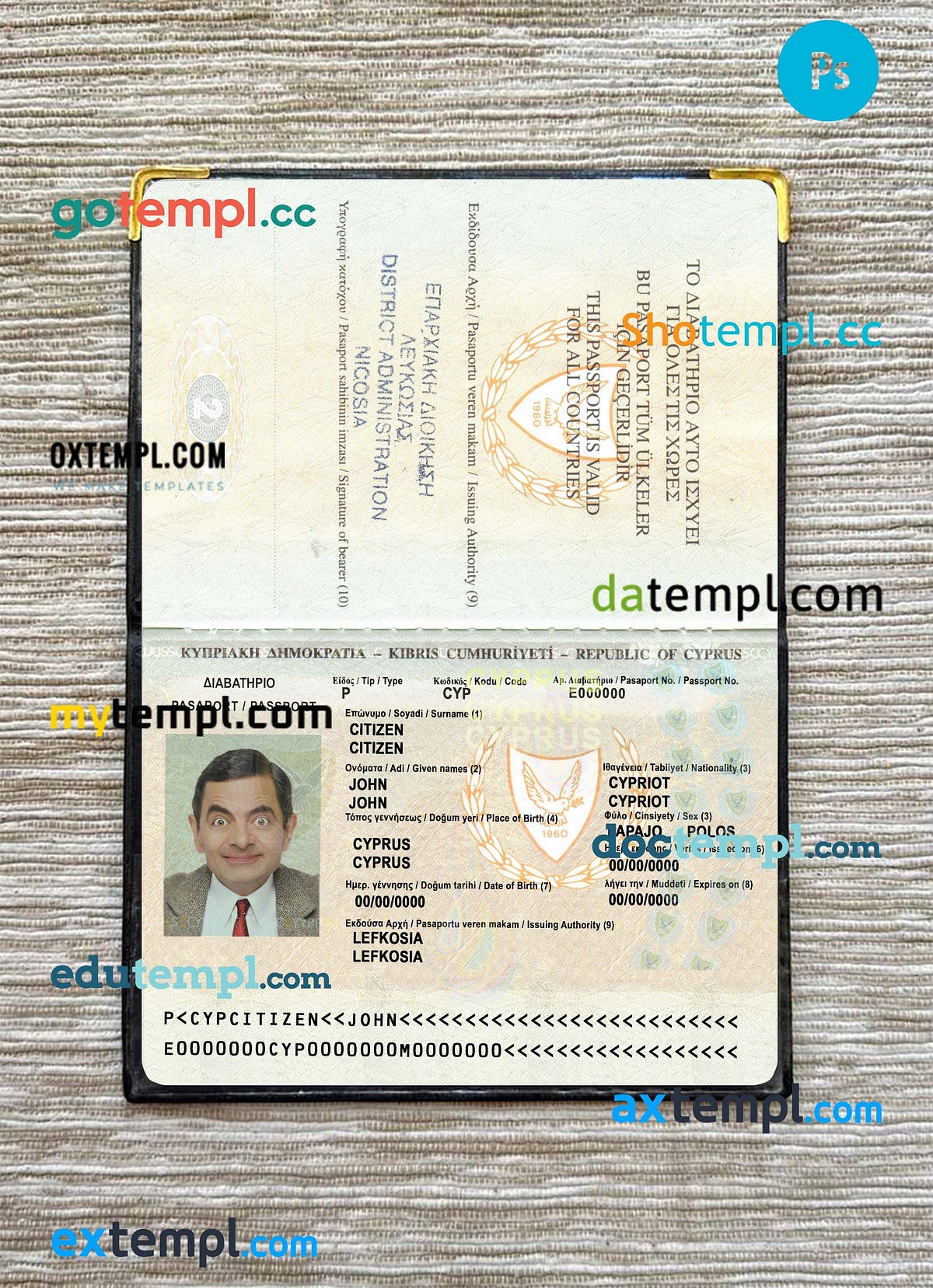 sample Cyprus passport editable PSD files, scan and photo look