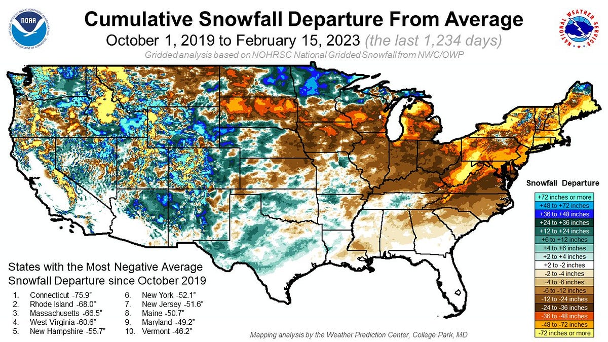 Snowfall Maps Show Major Shortfalls in Northeast and Great Lakes States