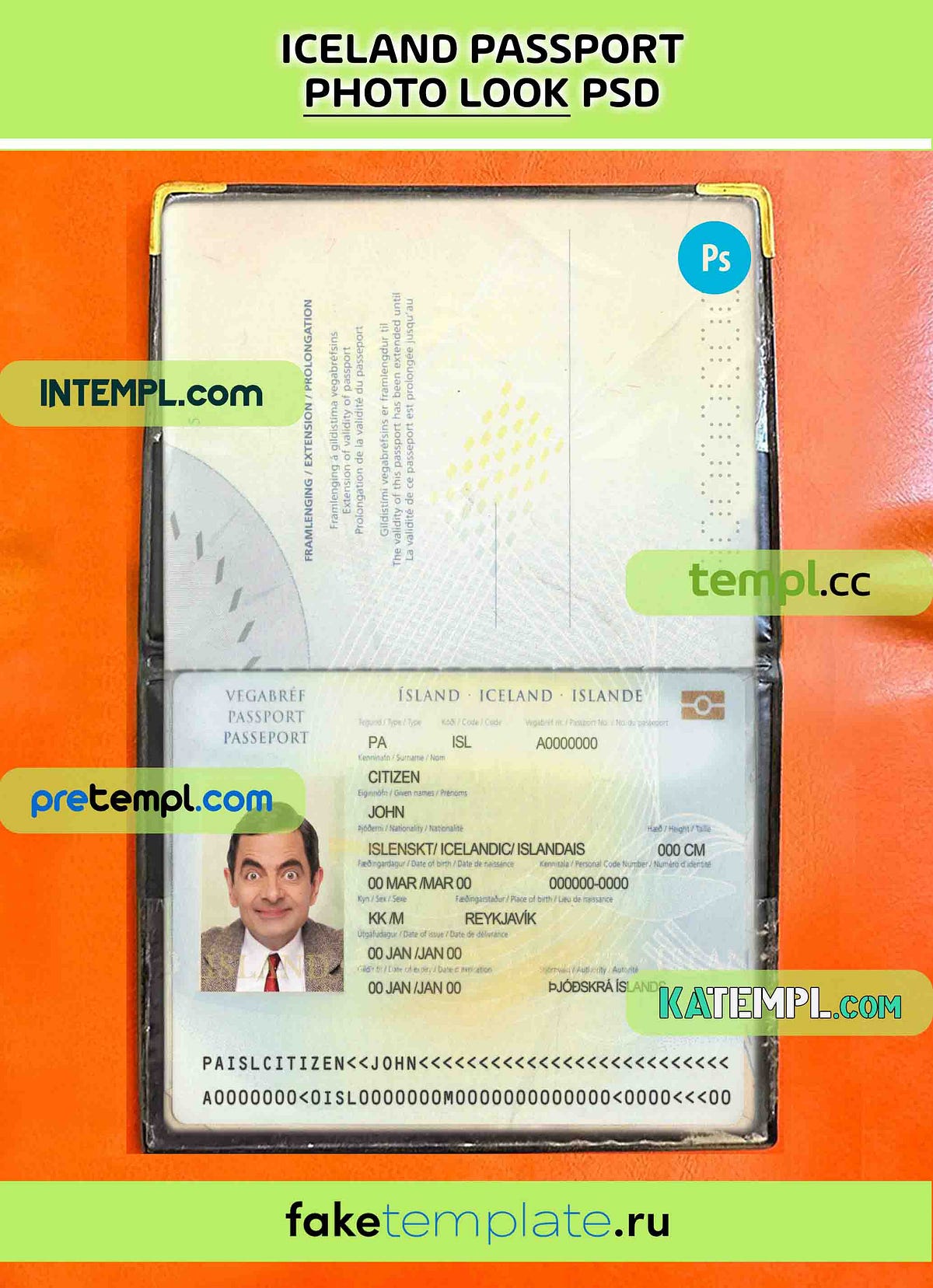 Iceland passport editable PSD files, scan and photo taken image, 2 in 1
