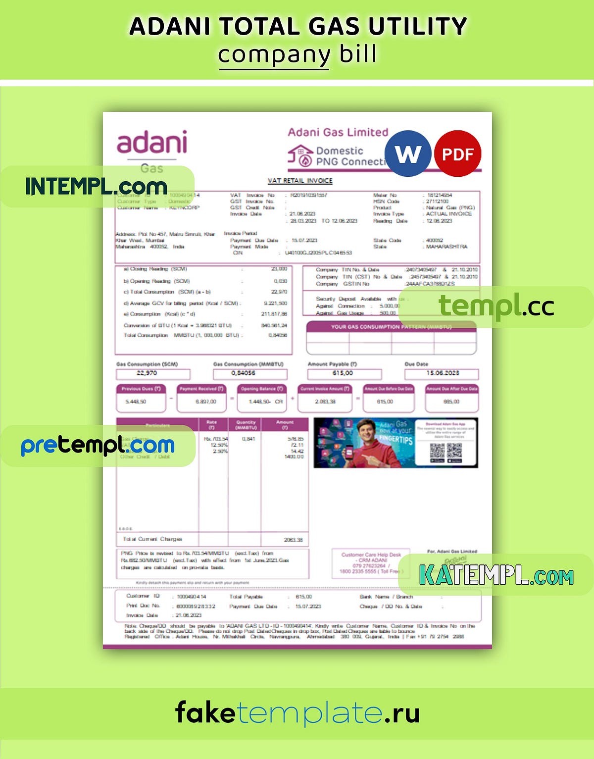 Adani business utility bill, Word and PDF template by
