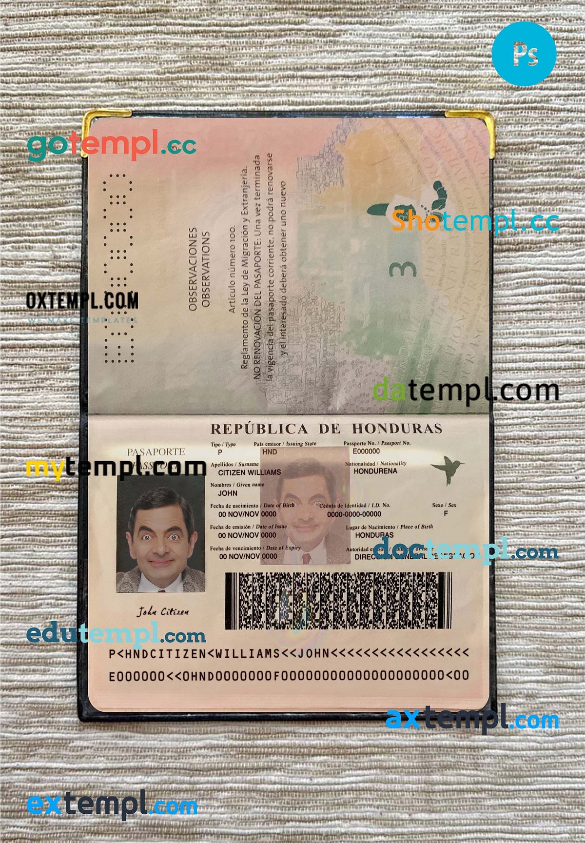sample Honduras passport editable PSD files, scan and photo look