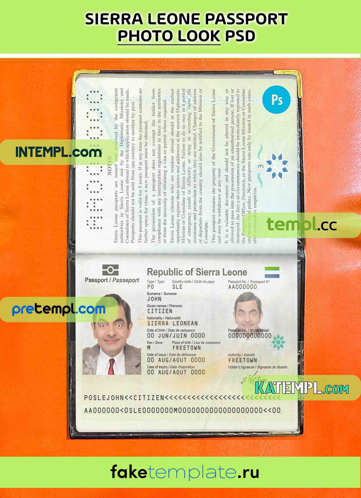 Sierra Leone passport psd files, editable scan and snapshot sample, 2