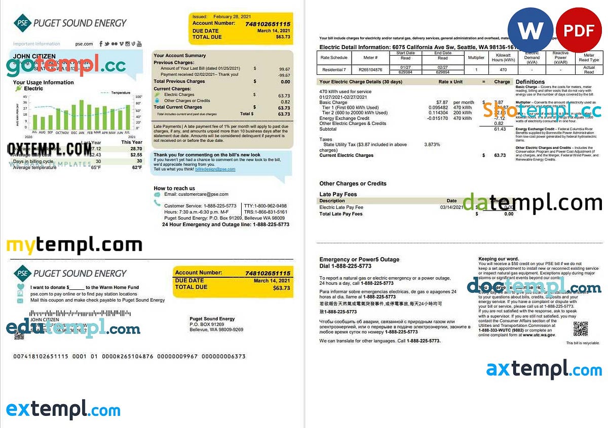 USA Washington Puget Sound Energy utility bill template in Word and PDF