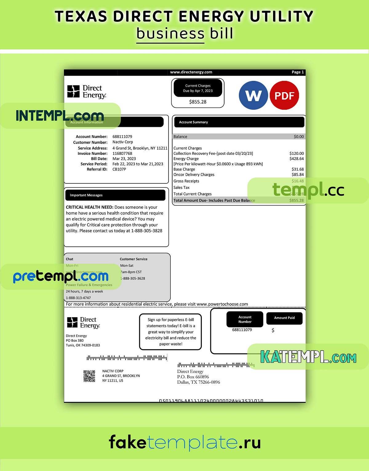Texas Direct Energy business utility bill, Word and PDF template by