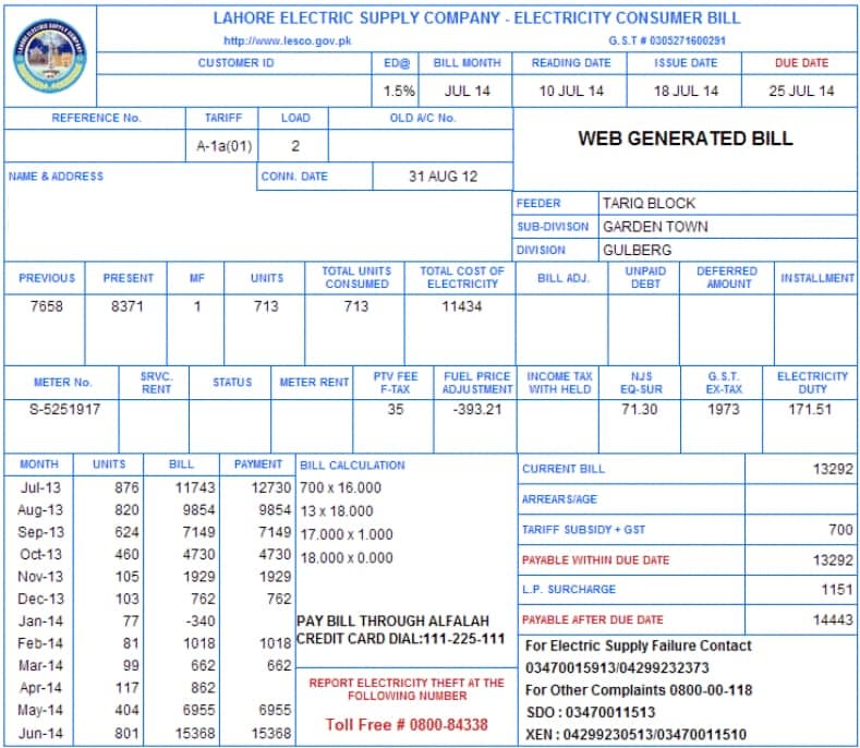 Lesco OffPeak Hours LESCO Bill Medium