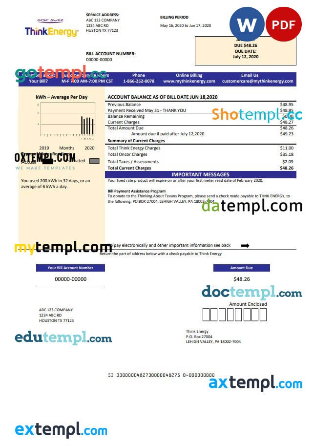 USA Washington Puget Sound Energy utility bill template in Word and PDF