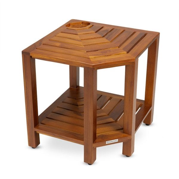 The RA, Teak Corner Shower Bench. A luxurious and functional complement