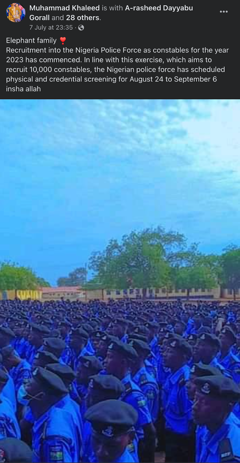 FALSE: The Nigeria Police Force is not recruiting 10,000 