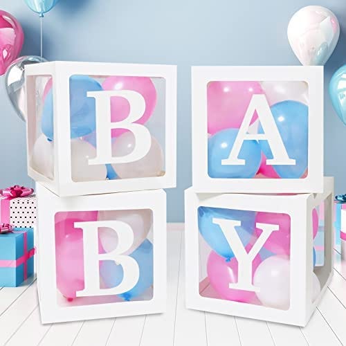 RUBFAC Baby Boxes with 41 Letters and 36 Balloons, 4pcs Clear Balloon