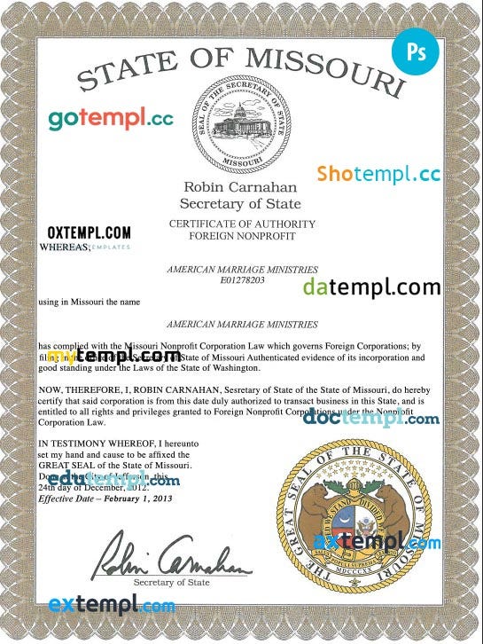 USA Missouri marriage certificate example in PSD format by Doctempl