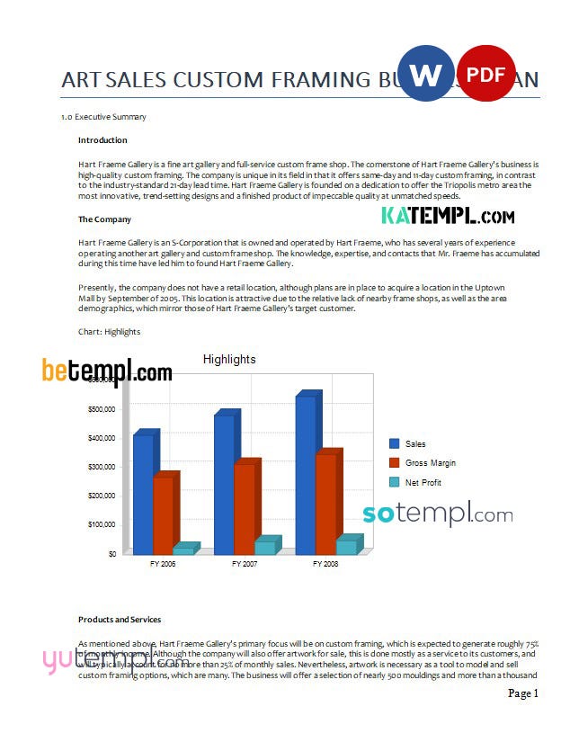 art sales custom framing business plan template in Word and PDF formats