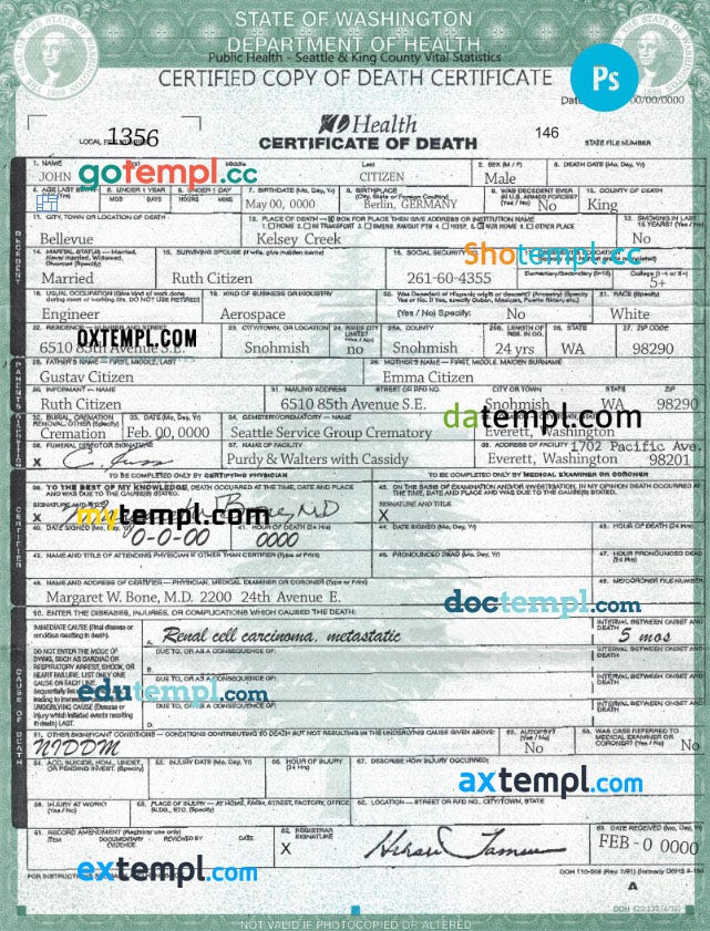 USA Washington state death certificate example in PSD format, fully