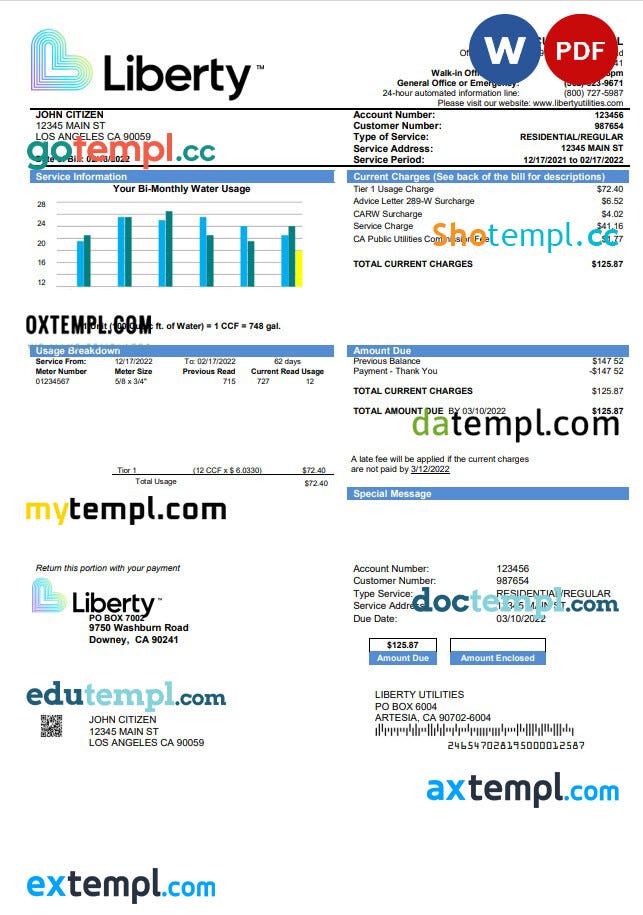 USA California Liberty Utilities utility bill, PDF and Word download
