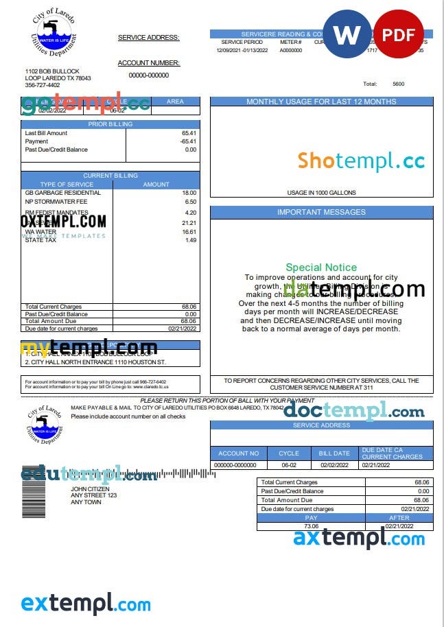 USA Texas City of Laredo Utilities Department water utility bill