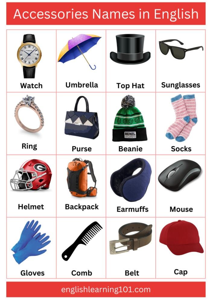 List of Accessories Names in English with Pictures English Learning