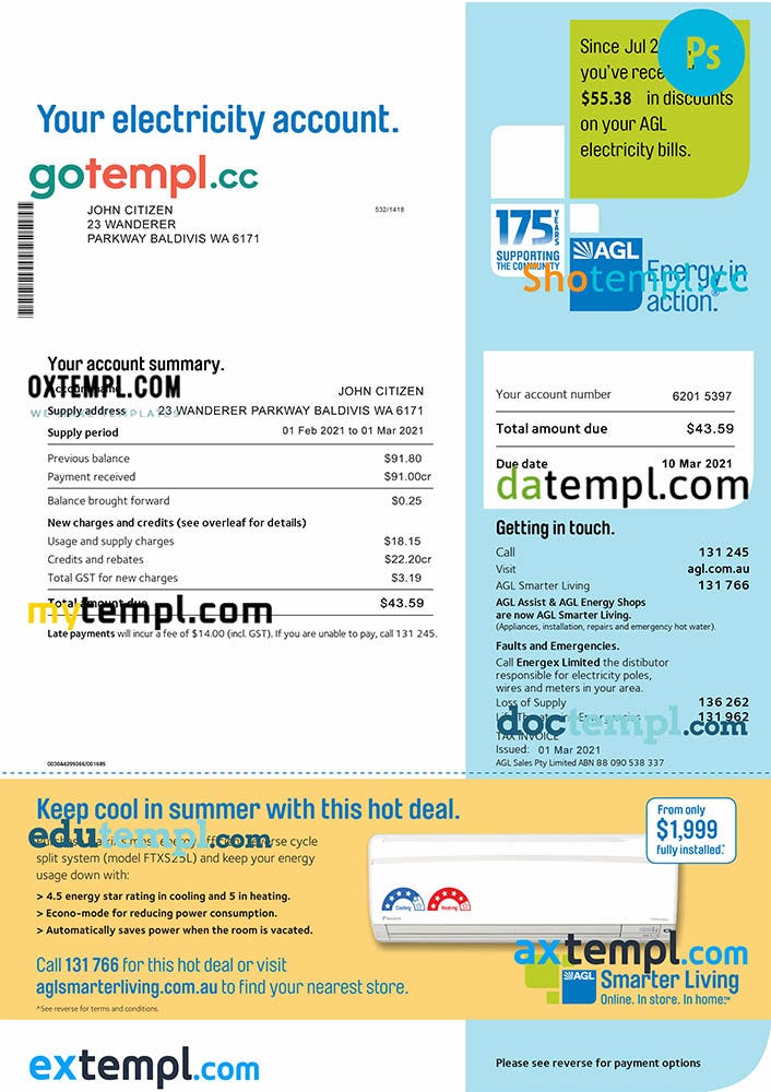 Australia AGL electricity utility bill template, fully editable in PSD