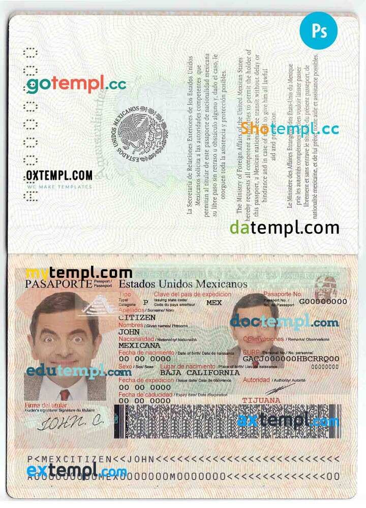 Mexican passport example in PSD format, fully editable by Intempl