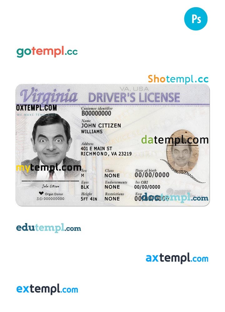 USA Virginia driving license template in PSD format (front) by