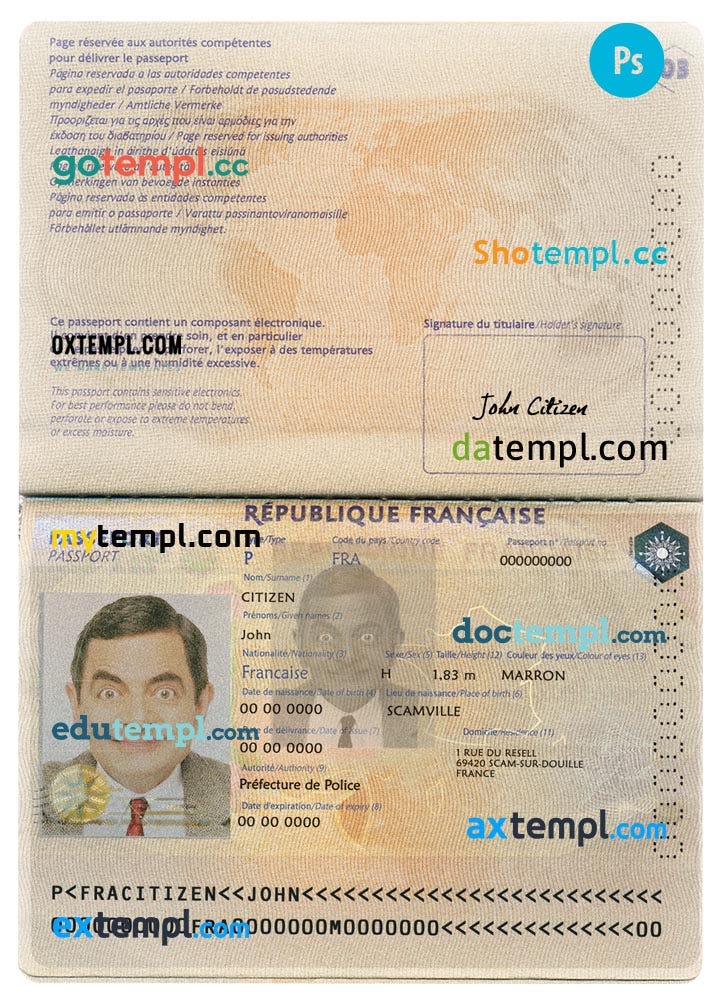 France passport PSD download template, version 2 by Pretempl Passport