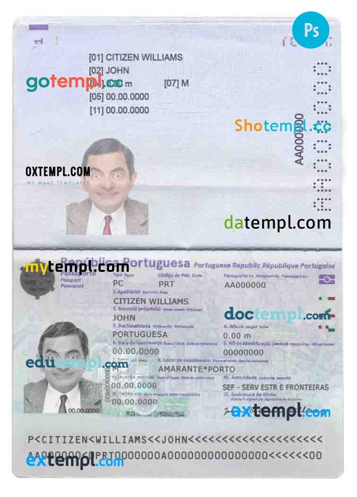 Portuguese passport example in PSD format, fully editable (2017