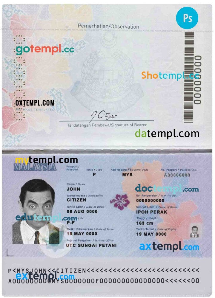 Malaysia passport template in PSD format, version 1, fully editable