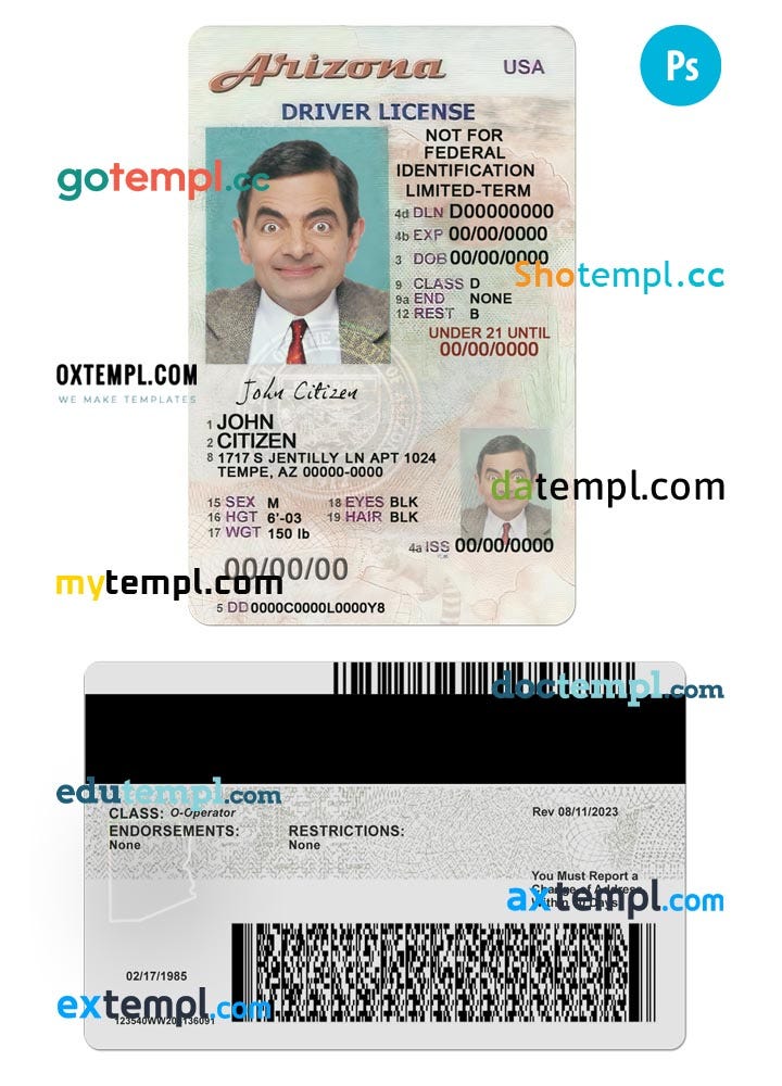 USA Arizona state vertical driving license editable PSD template, under