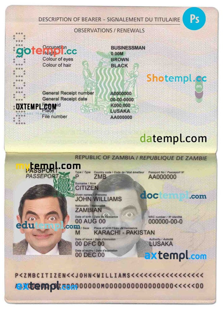 Zambia passport example in PSD format, fully editable by Intempl Medium