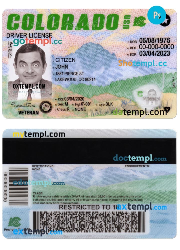 USA Colorado driving license template in PSD format, 2022 — present
