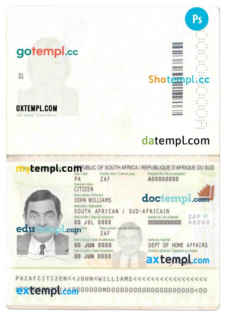 South Africa passport template in PSD format, fully editable (2009