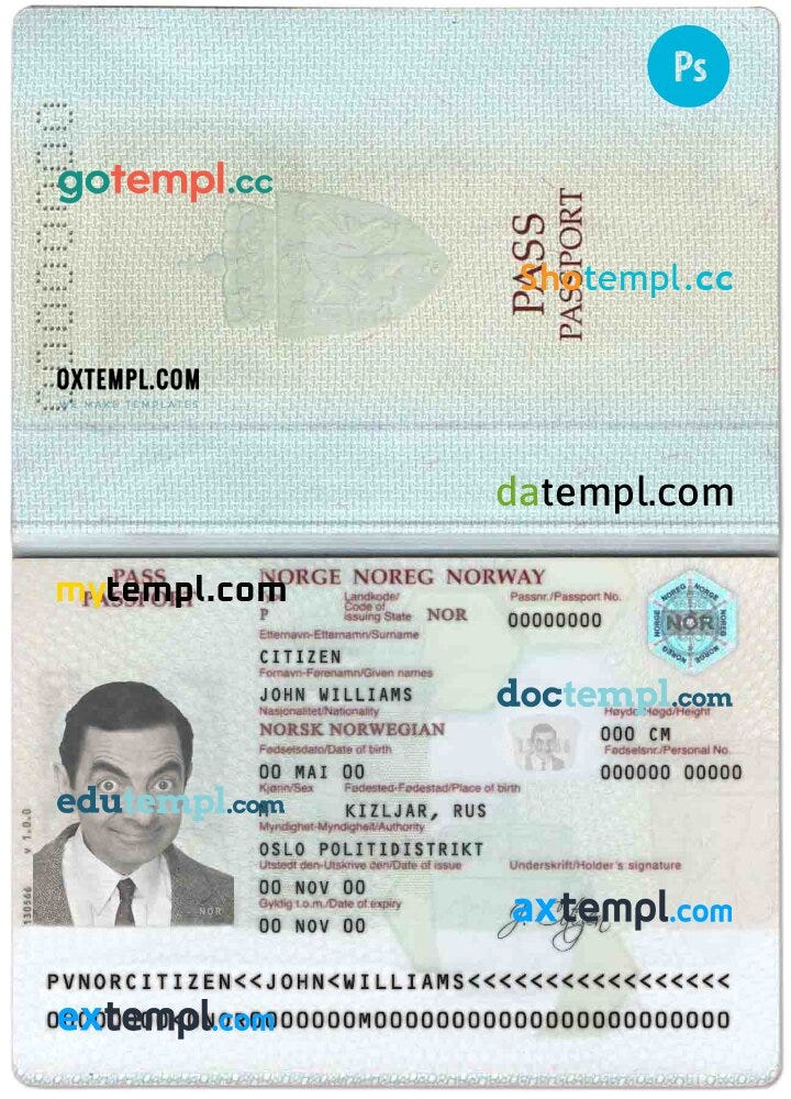 Norwegian passport example in PSD format by Intempl passports Sep