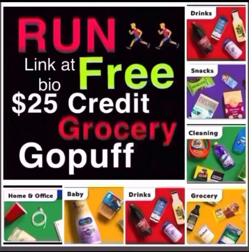 GoPuff get free grocery 25 off! GO HERE link https//signin.gopuff